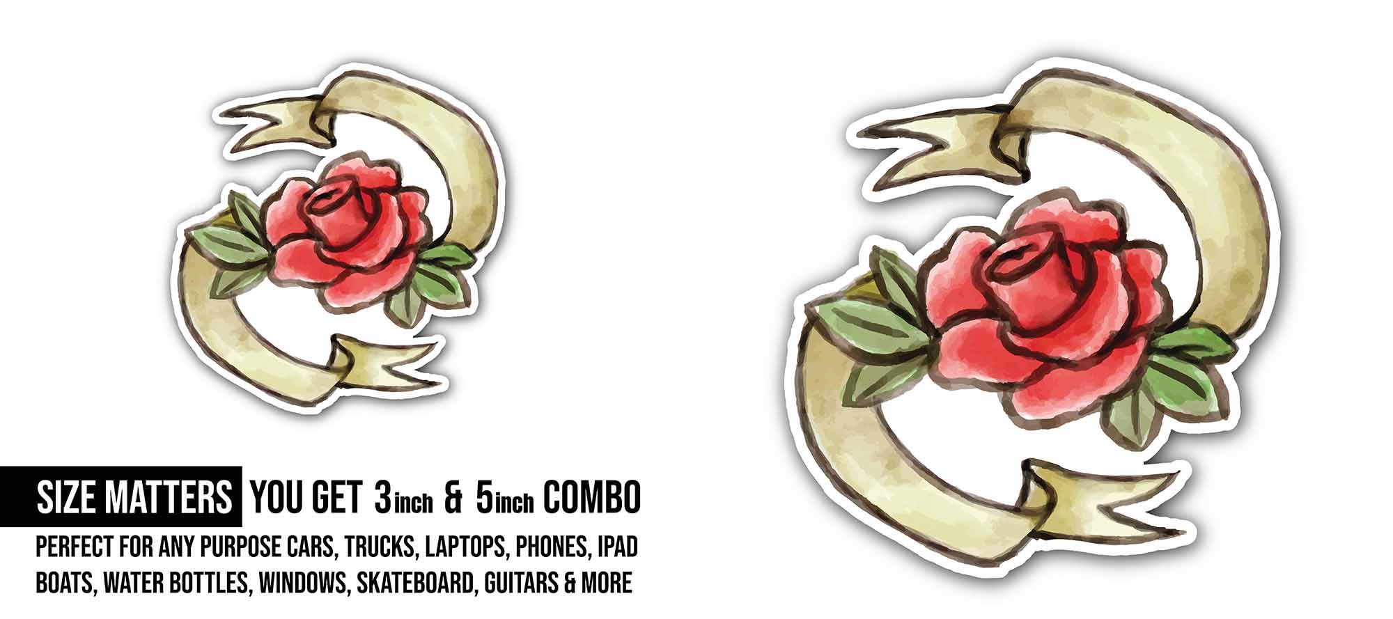 A Rose with a Ribbon Sticker, Waterproof Vinyl Decal Sticker Indoor Or Outdoor 2 (Pieces) 3" and 5"