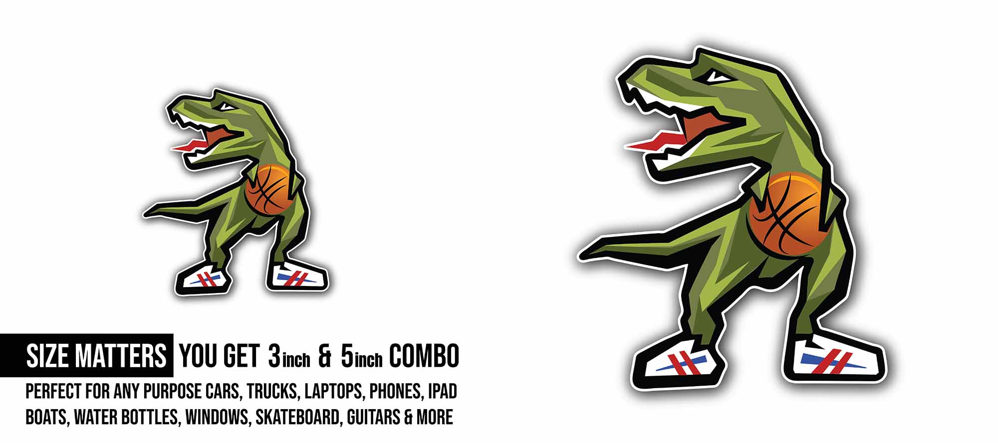 Dinosaur TRex Basketball Player Sticker, Waterproof Vinyl Decal Sticker Indoor Or Outdoor 2 (Pieces) 3" and 5"