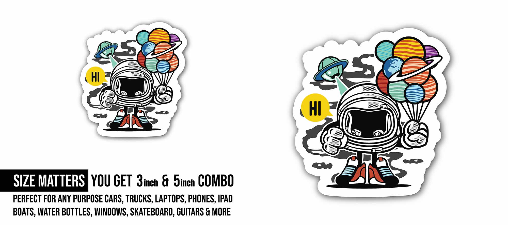 Astronaut with Balloons Sticker, Waterproof Vinyl Decal Sticker Indoor Or Outdoor 2 (Pieces) 3" and 5"