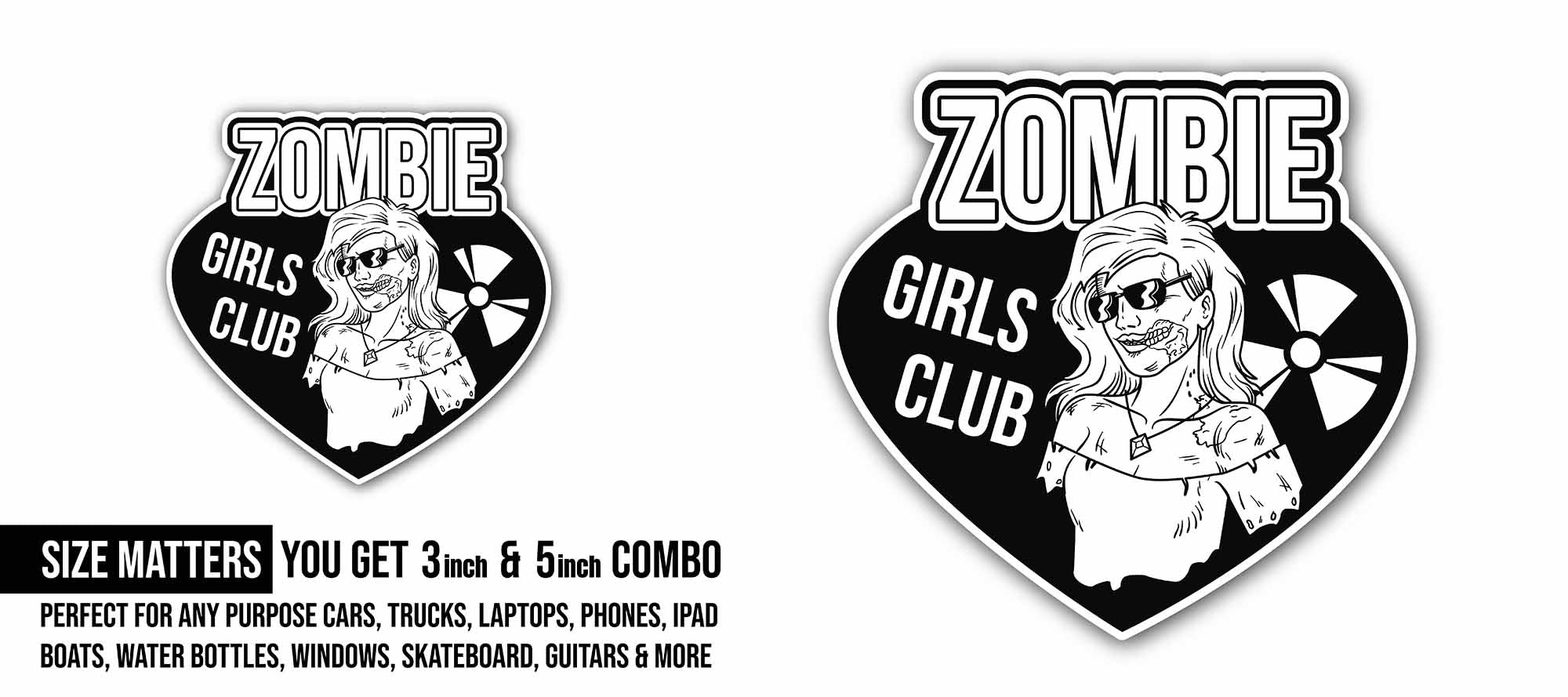 Zombie Girls Club Sticker, Waterproof Vinyl Decal Sticker Indoor Or Outdoor 2 (Pieces) 3" and 5"
