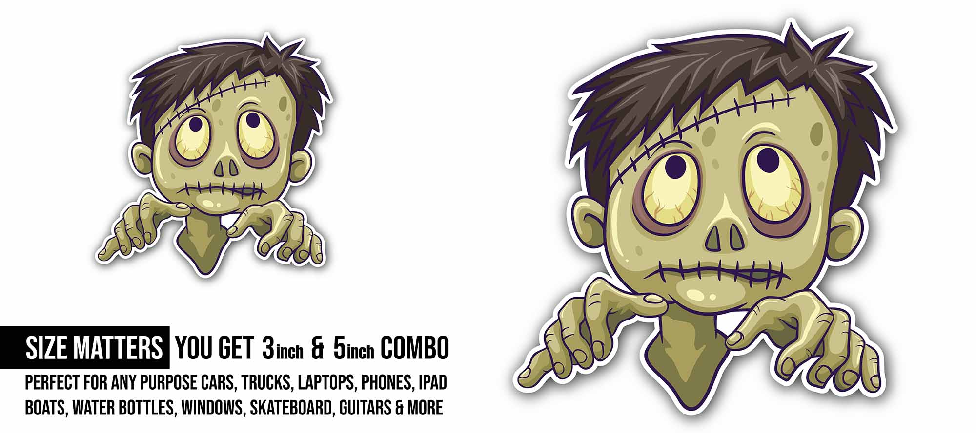 Zombie Face Sticker, Waterproof Vinyl Decal Sticker Indoor Or Outdoor 2 (Pieces) 3" and 5"