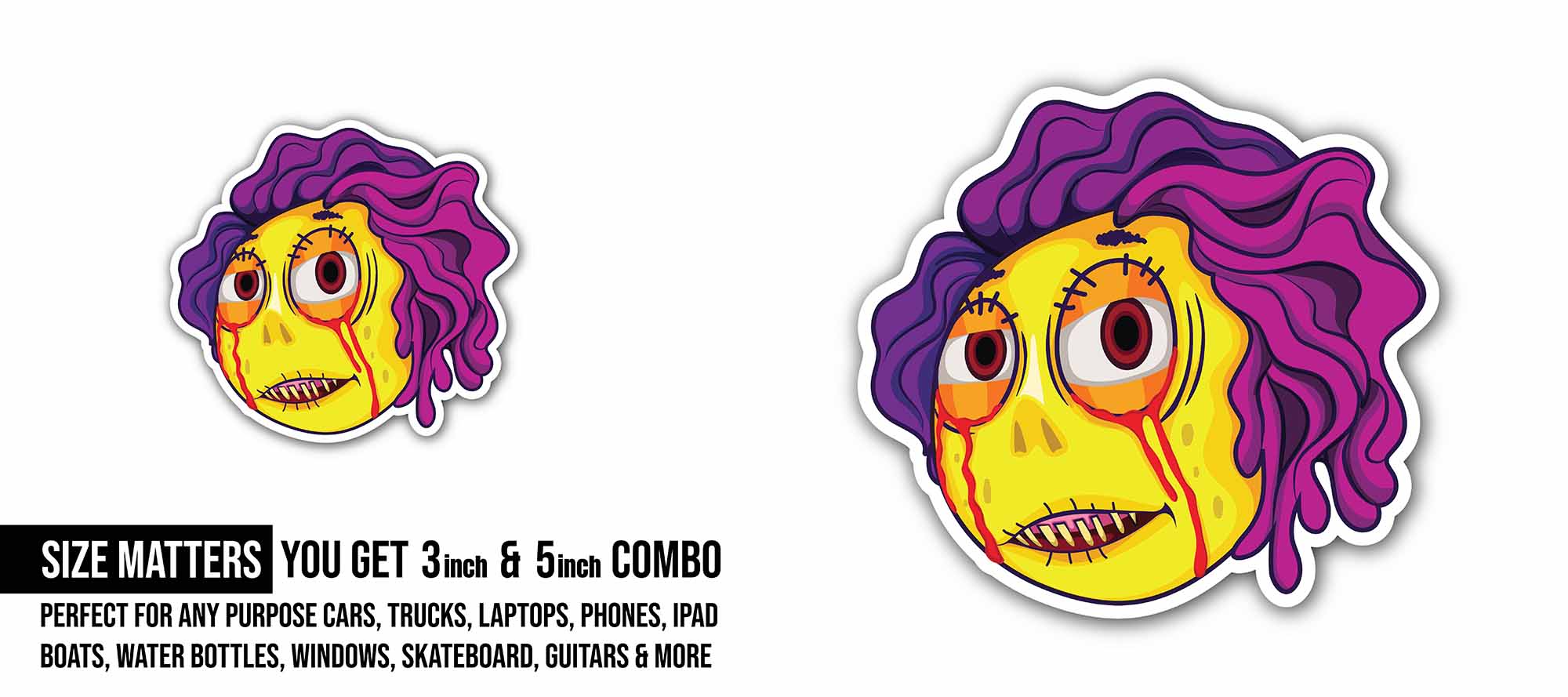 Zombie Girl Face Sticker, Waterproof Vinyl Decal Sticker Indoor Or Outdoor 2 (Pieces) 3" and 5"