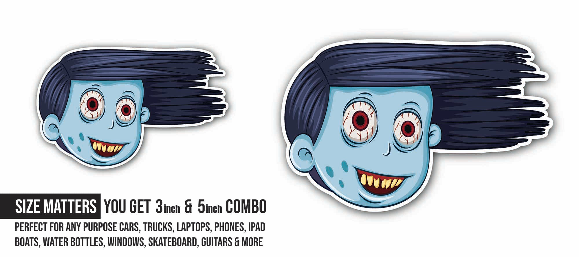 Blue Zombie Girl Sticker, Waterproof Vinyl Decal Sticker Indoor Or Outdoor 2 (Pieces) 3" and 5"