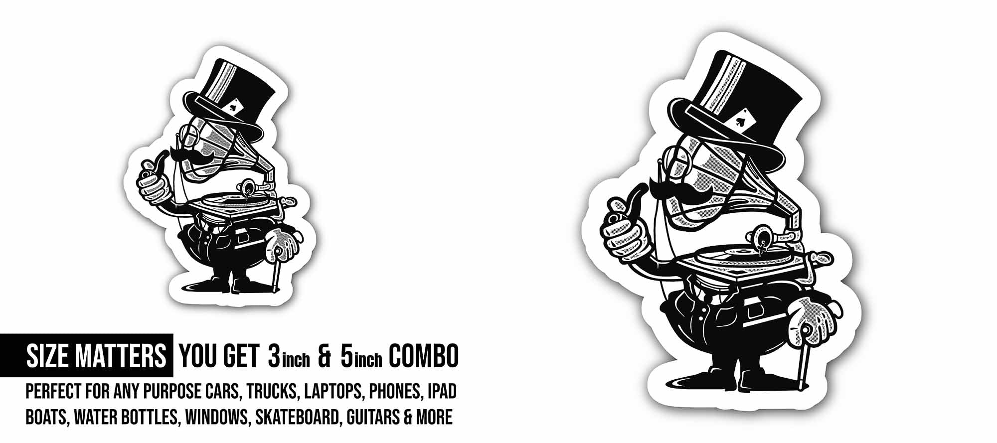 Gramophone Head Cartoon Character Sticker, Waterproof Vinyl Decal Sticker Indoor Or Outdoor 2 (Pieces) 3" and 5"