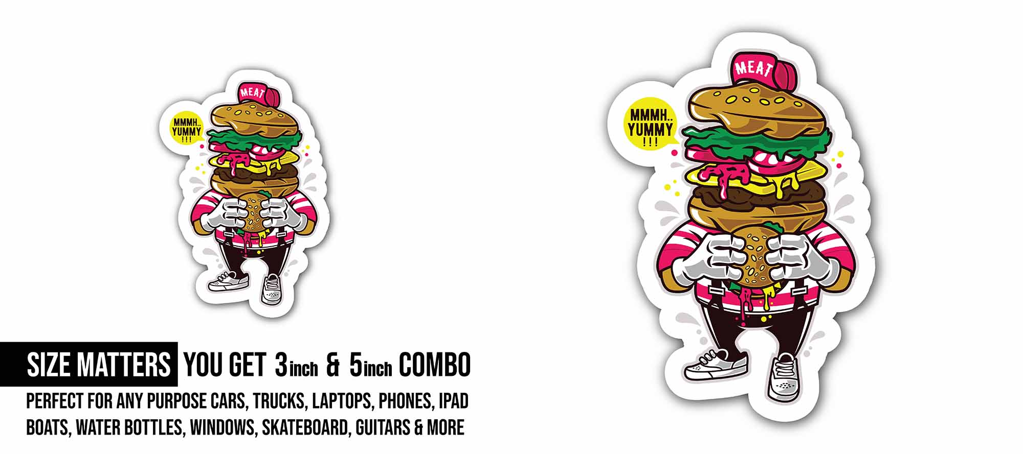 Funny Burger Man Sticker, Waterproof Vinyl Decal Sticker Indoor Or Outdoor 2 (Pieces) 3" and 5"