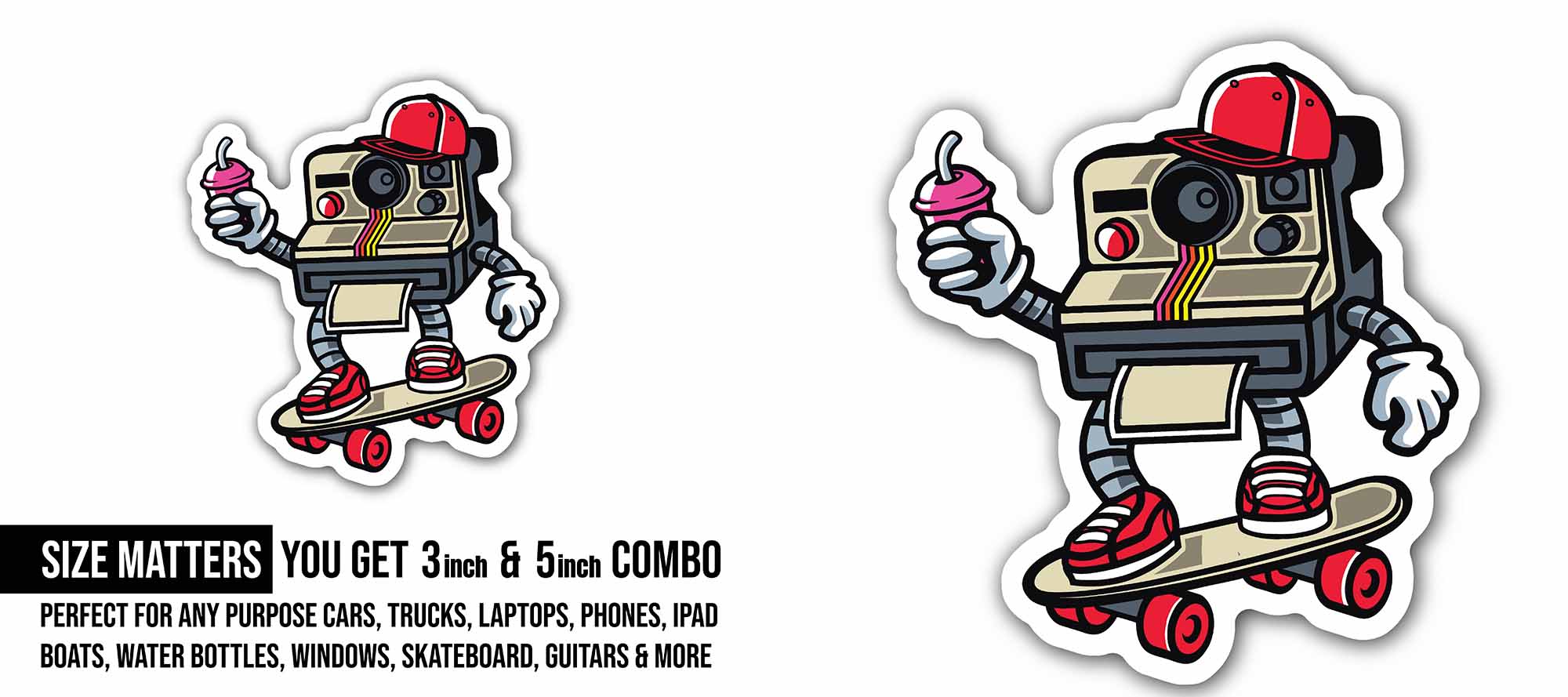 Skating Camera Man Sticker, Waterproof Vinyl Decal Sticker Indoor Or Outdoor 2 (Pieces) 3" and 5"