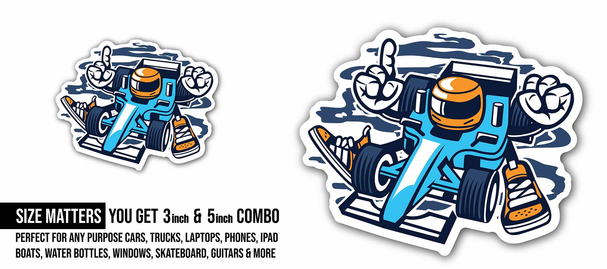 Race Car Sticker, Waterproof Vinyl Decal Sticker Indoor Or Outdoor 2 (Pieces) 3" and 5"