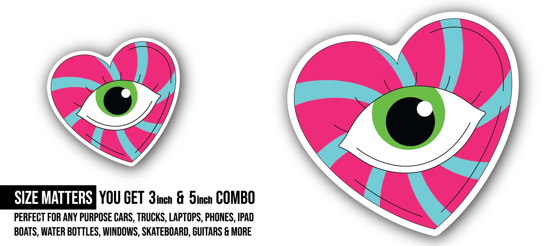 Heart Evil Eye Sticker, Waterproof Vinyl Decal Sticker Indoor Or Outdoor 2 (Pieces) 3" and 5"