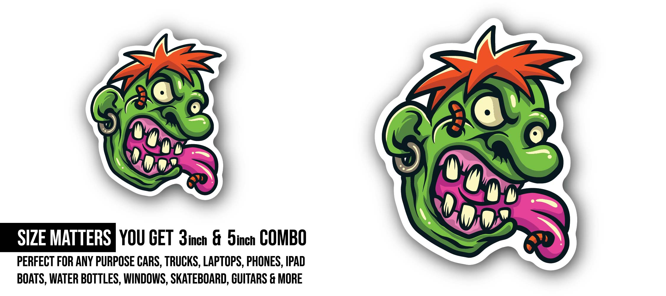 Cartoon Funny Green Zombie Sticker, Waterproof Vinyl Decal Sticker Indoor Or Outdoor 2 (Pieces) 3" and 5"