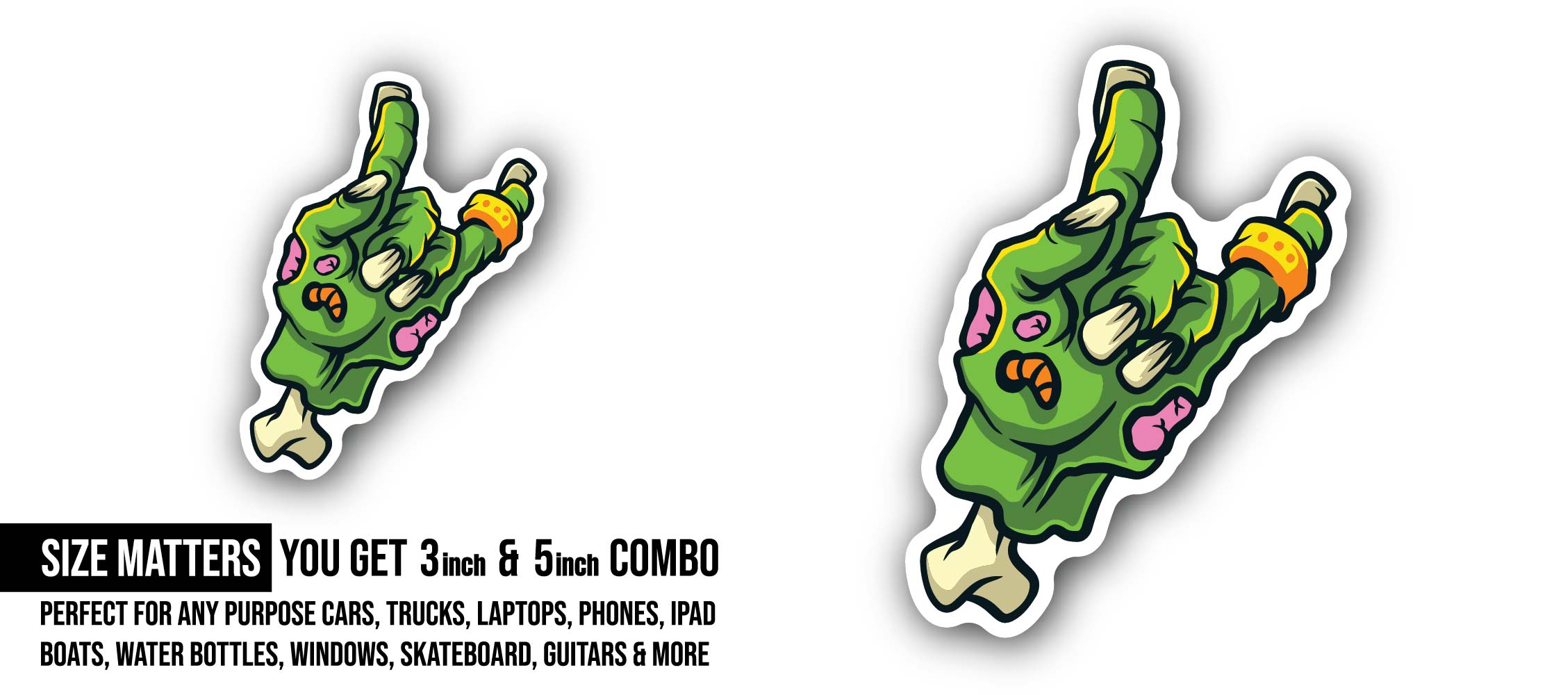 Cartoon Zombie Hand Sticker, Waterproof Vinyl Decal Sticker Indoor Or Outdoor 2 (Pieces) 3" and 5"