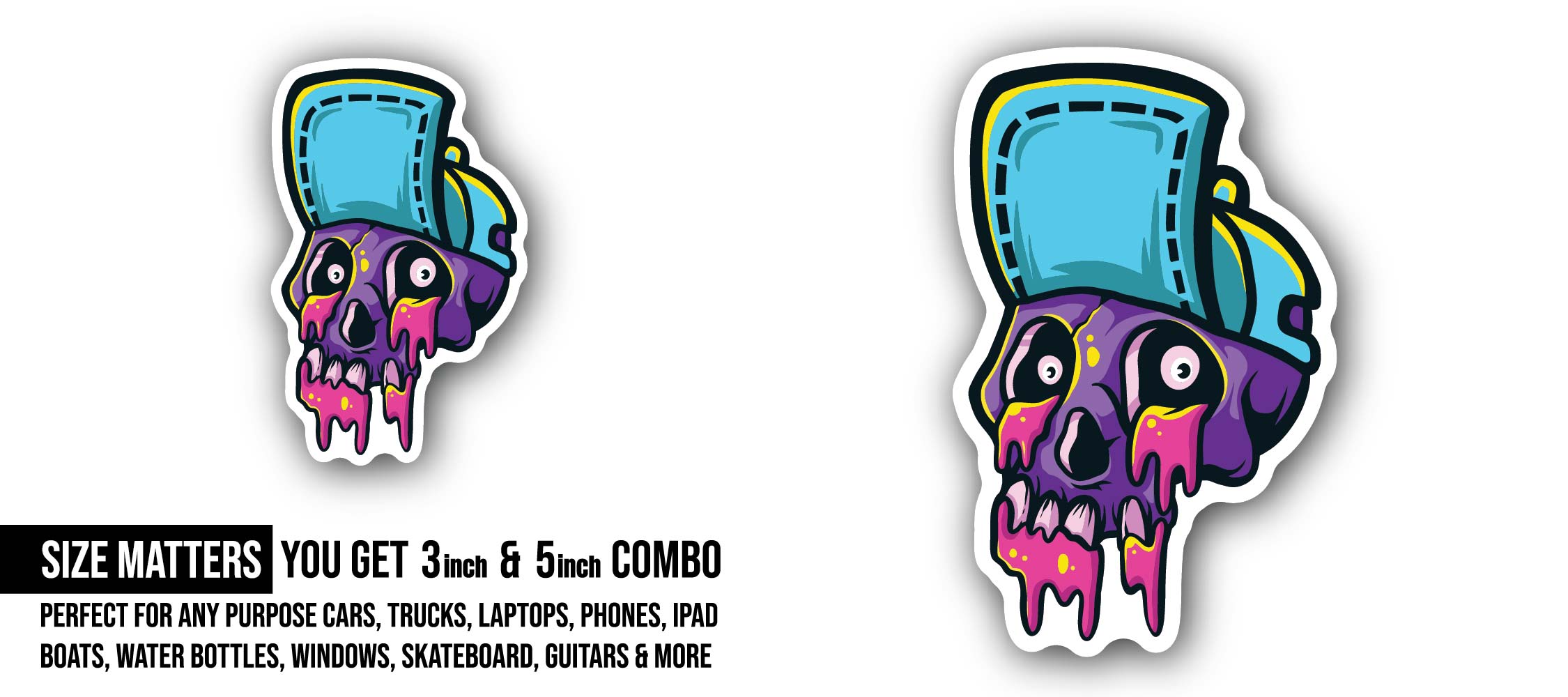 Blue Cap & Skull Sticker, Waterproof Vinyl Decal Sticker Indoor Or Outdoor 2 (Pieces) 3" and 5"