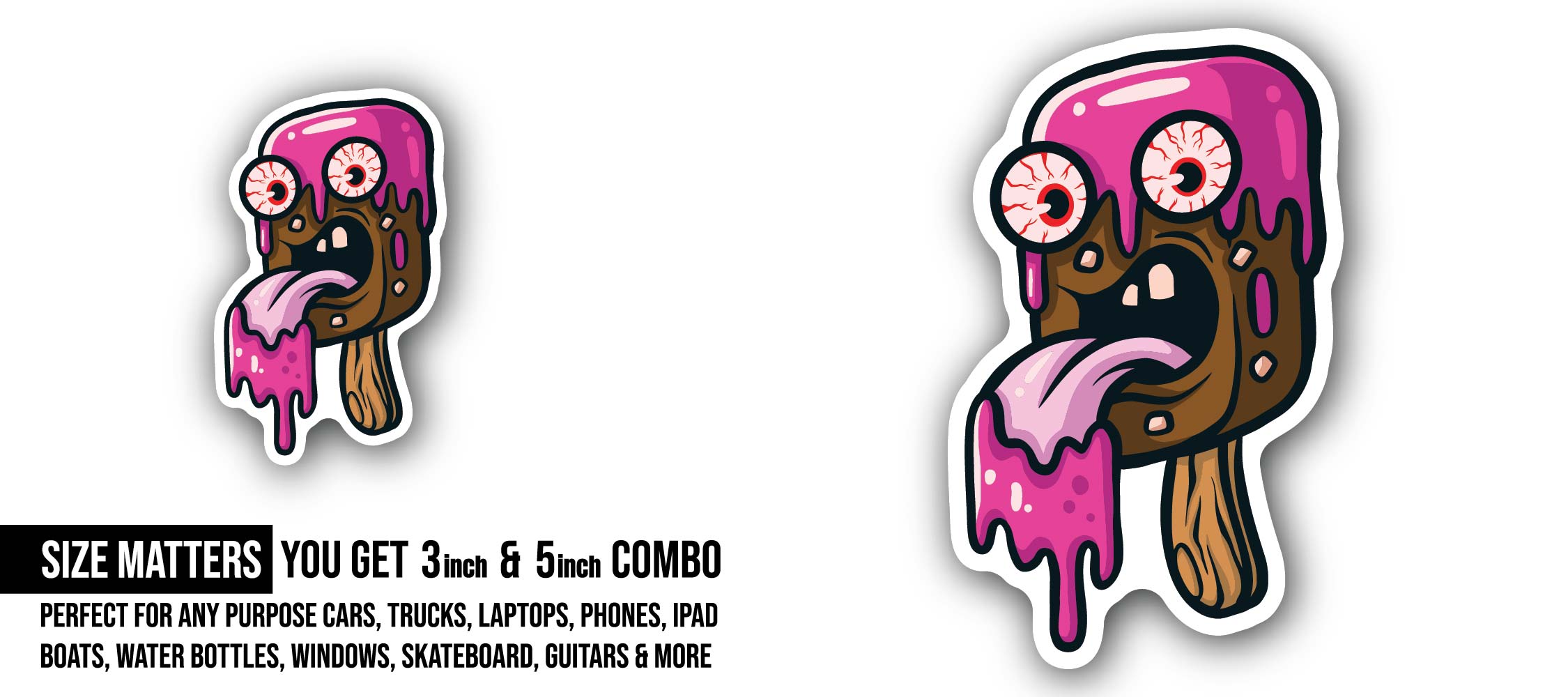 Funny Ice Cream Monster Sticker, Waterproof Vinyl Decal Sticker Indoor Or Outdoor 2 (Pieces) 3" and 5"