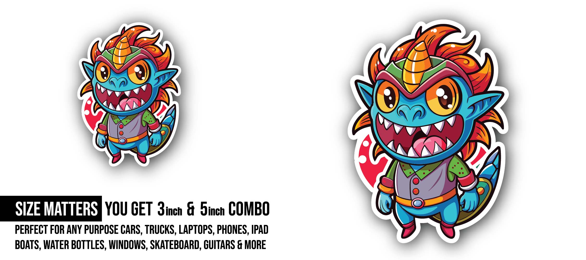 Colourful Monster Sticker, Waterproof Vinyl Decal Sticker Indoor Or Outdoor 2 (Pieces) 3" and 5"