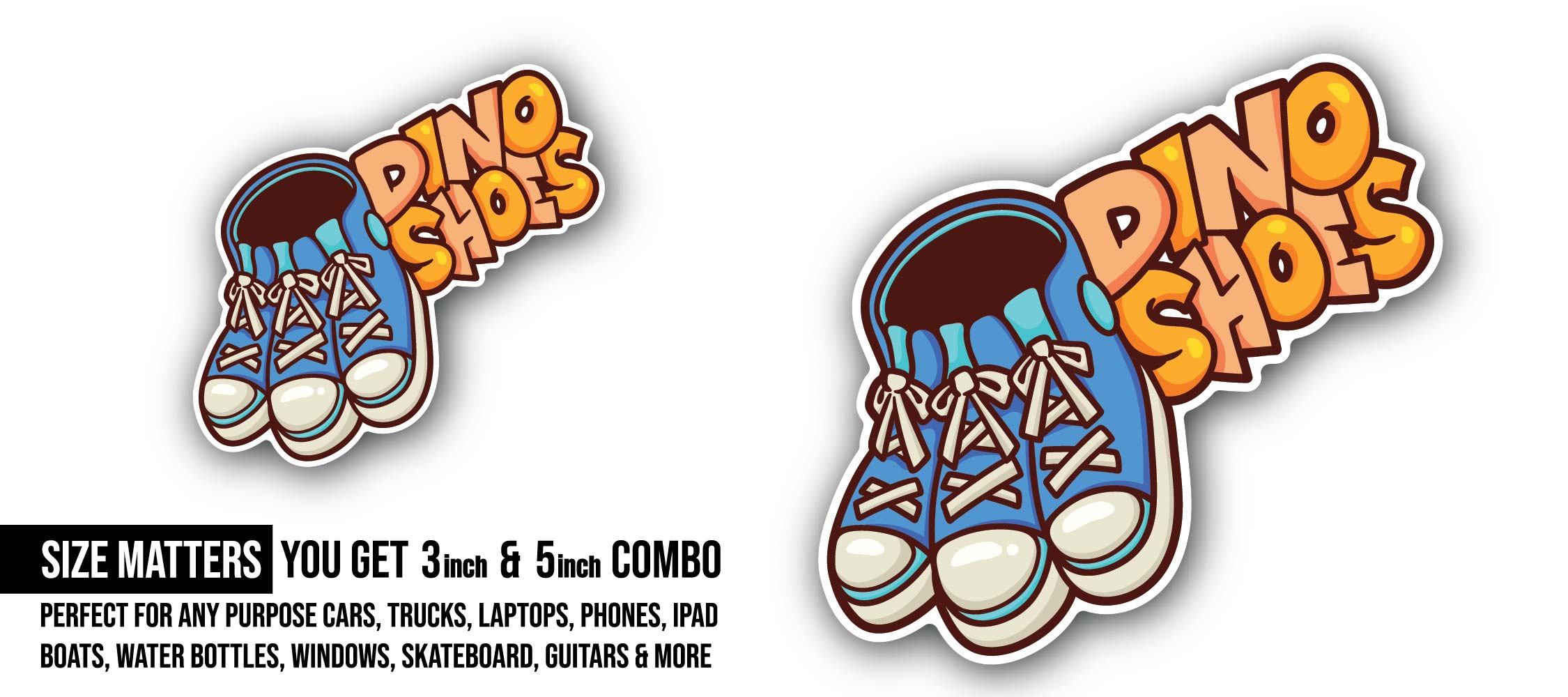 Dino Shoes Sticker, Waterproof Vinyl Decal Sticker Indoor Or Outdoor 2 (Pieces) 3" and 5"