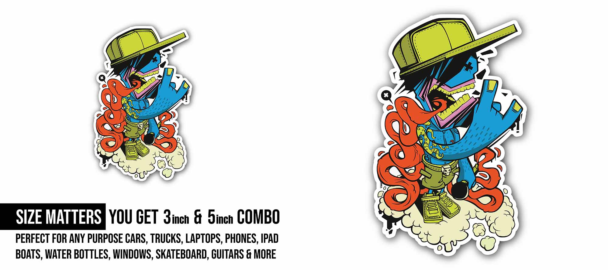 Bad Skull Sticker, Waterproof Vinyl Decal Sticker Indoor Or Outdoor 2 (Pieces) 3" and 5"