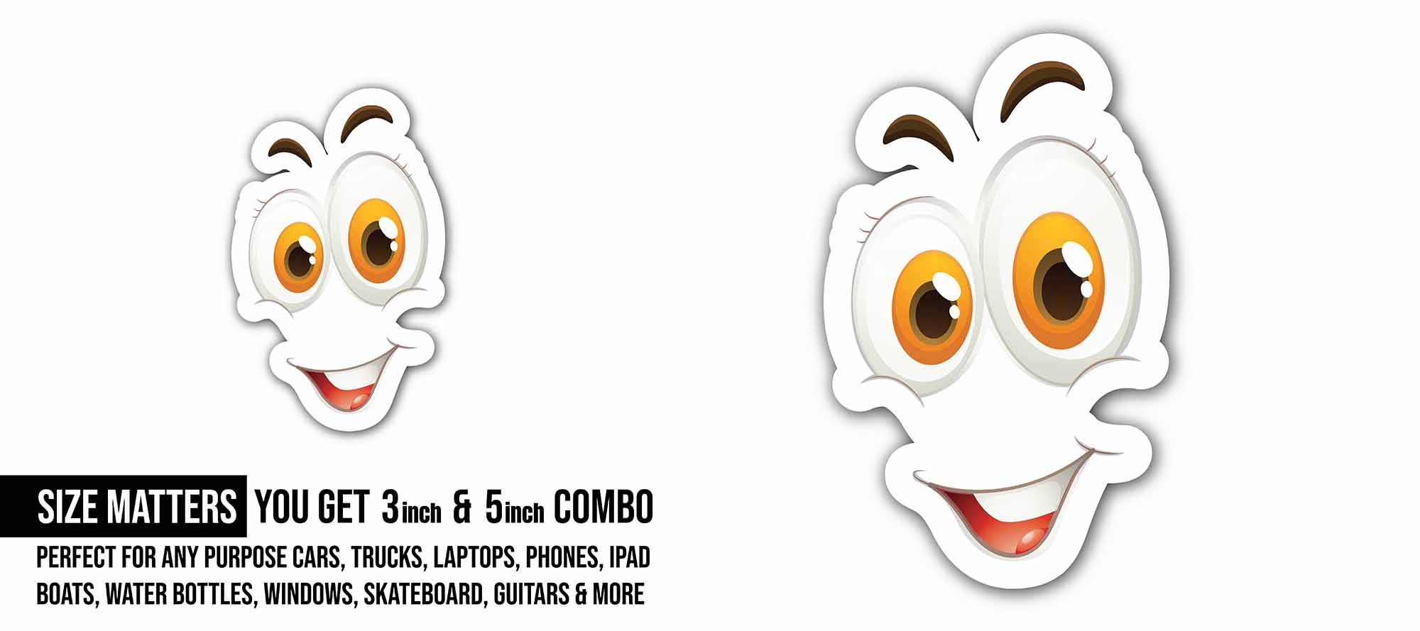 Cute Cartoon face Sticker, Waterproof Vinyl Decal Sticker Indoor Or Outdoor 2 (Pieces) 3" and 5"