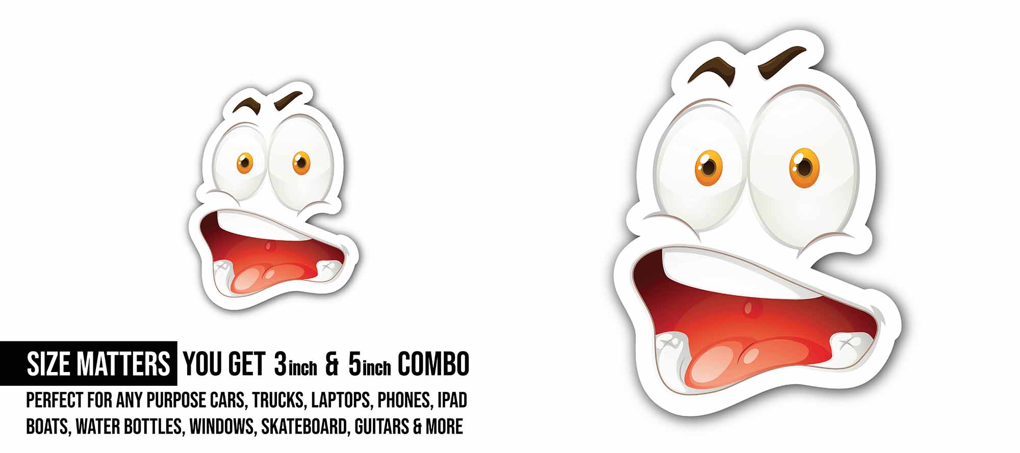 Happy Human Face Sticker, Waterproof Vinyl Decal Sticker Indoor Or Outdoor 2 (Pieces) 3" and 5"