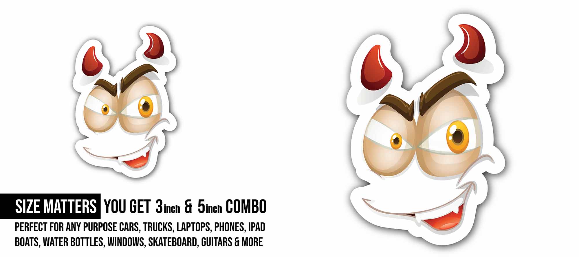 Devil Face Sticker, Waterproof Vinyl Decal Sticker Indoor Or Outdoor 2 (Pieces) 3" and 5"