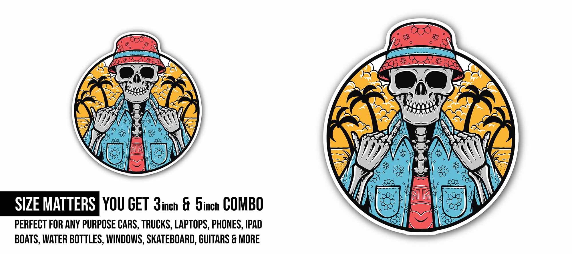 Handsome Skull Sticker, Waterproof Vinyl Decal Sticker Indoor Or Outdoor 2 (Pieces) 3" and 5"
