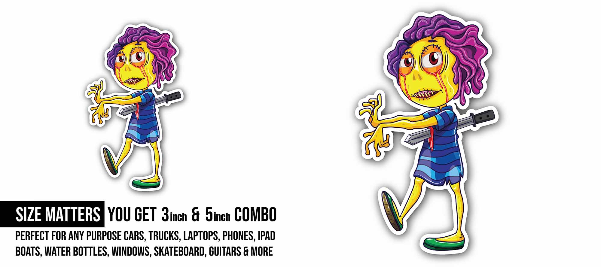 Ugly Zombie Girl Sticker, Waterproof Vinyl Decal Sticker Indoor Or Outdoor 2 (Pieces) 3" and 5"