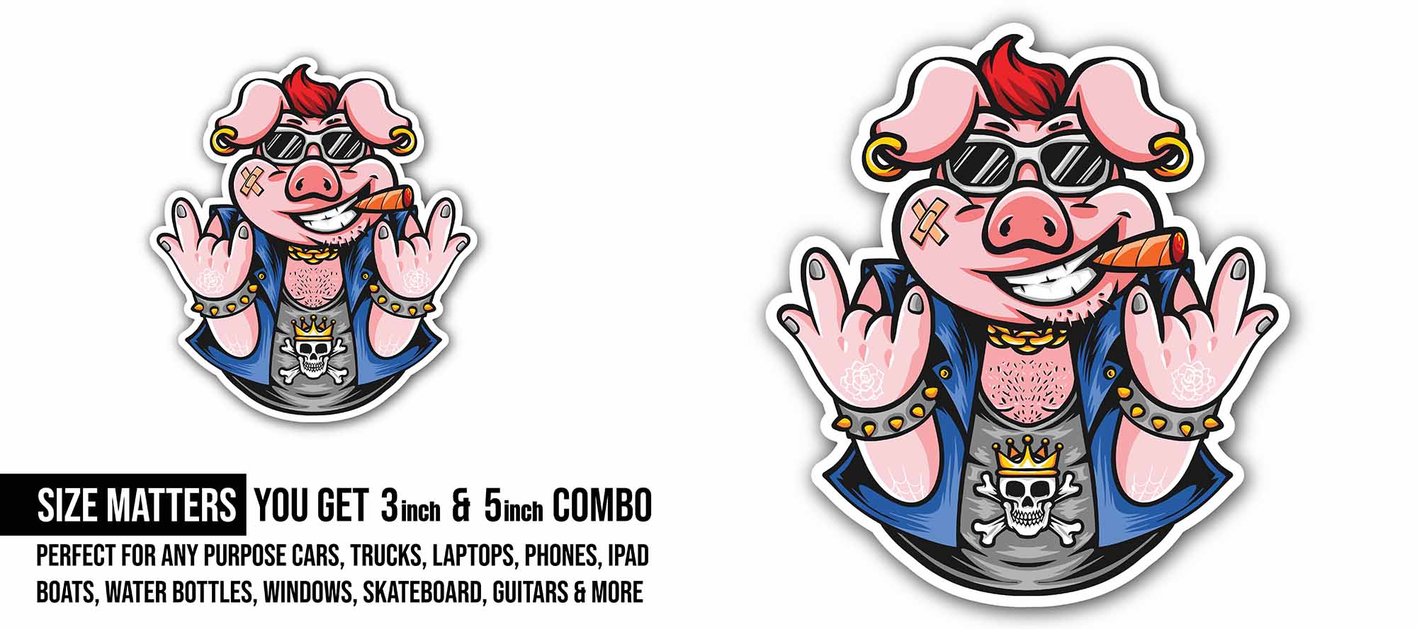 Rocker Pig Cartoon with Gold Chain Sticker, Waterproof Vinyl Decal Sticker Indoor Or Outdoor 2 (Pieces) 3" and 5"