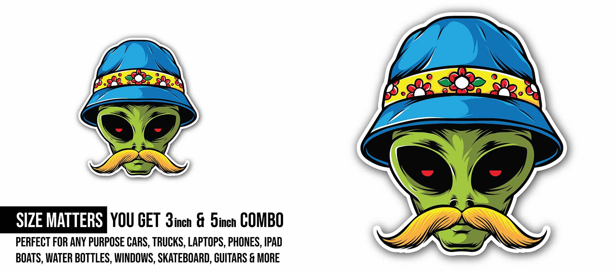 Green Alien & Hat Sticker, Waterproof Vinyl Decal Sticker Indoor Or Outdoor 2 (Pieces) 3" and 5"