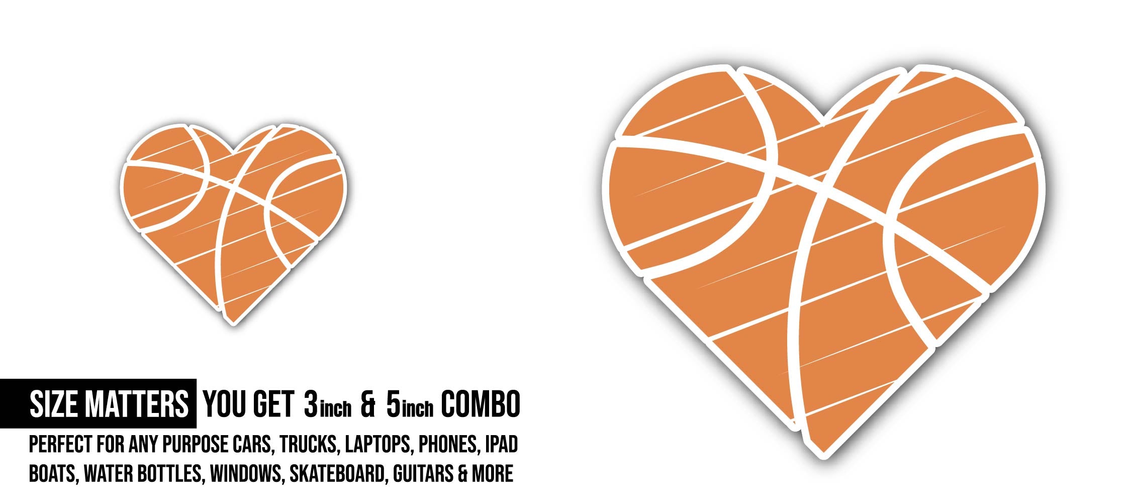 Orange Basketball Heart Sticker, Waterproof Vinyl Decal Sticker Indoor Or Outdoor 2 (Pieces) 3" and 5"