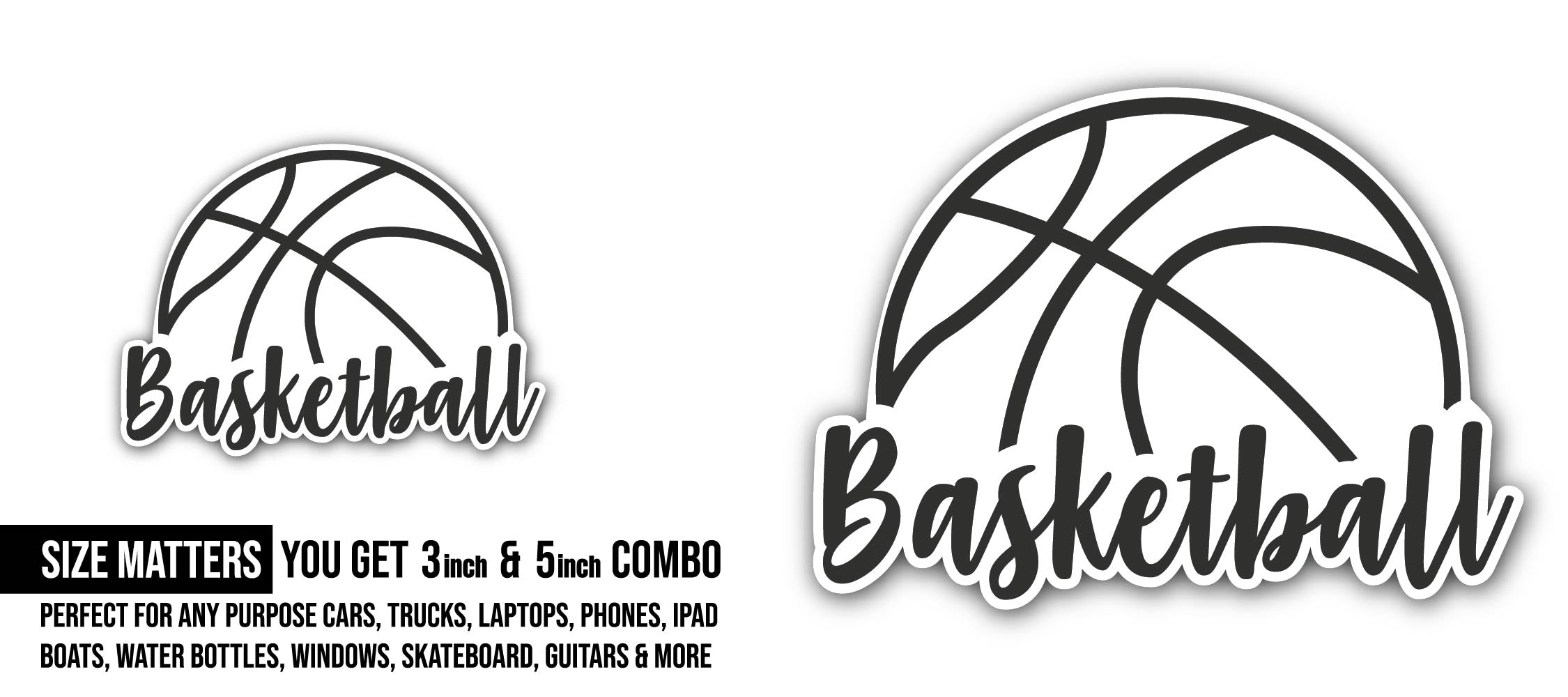 Basketball Black outline Sticker, Waterproof Vinyl Decal Sticker Indoor Or Outdoor 2 (Pieces) 3" and 5"