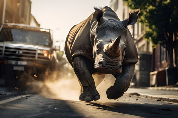 Vinyl Decal, Rhinoceros Running Wildly Through City Street Kicking Up Dust Dynamic Wildlife Photogra