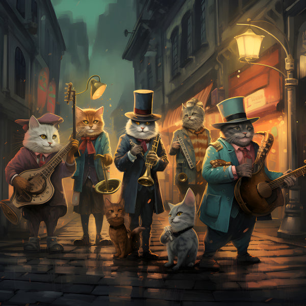Vinyl Decal, The Feline Jazz Band: Anthropomorphic Cats Playing Instruments on a Night Street (5" x