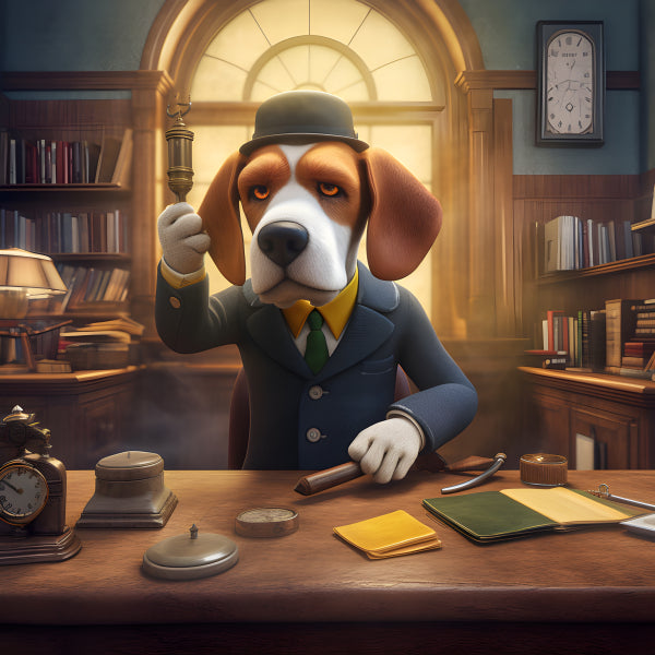 Vinyl Decal, Dapper Beagle Dog in Suit and Bowler Hat Sitting at Office Desk with Quill Pen Art Prin