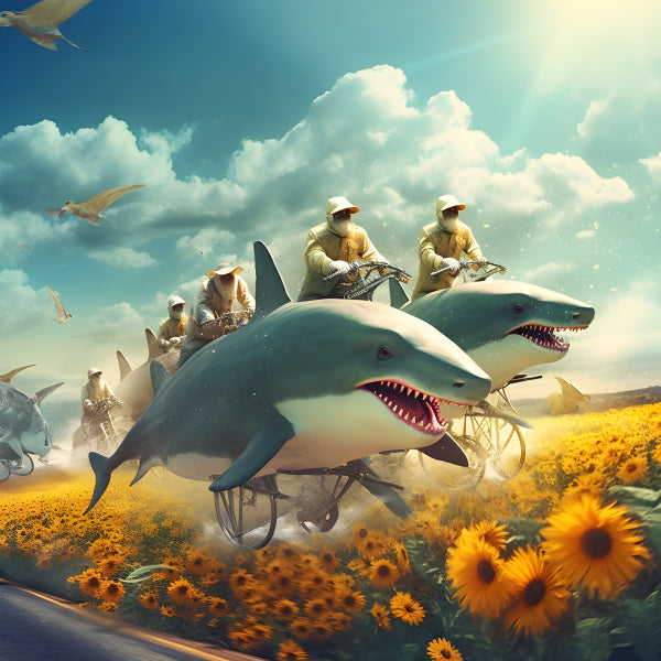 Vinyl Decal, Surreal Shark Bicycle Ride in Sunflower Field Art Print (5" x 7")