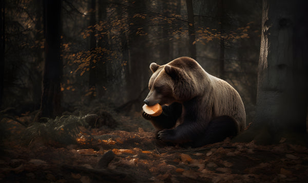 Vinyl Decal, Brown Bear Eating Fruit in Dark Forest, Wildlife Nature Photography, Animal Decor Print