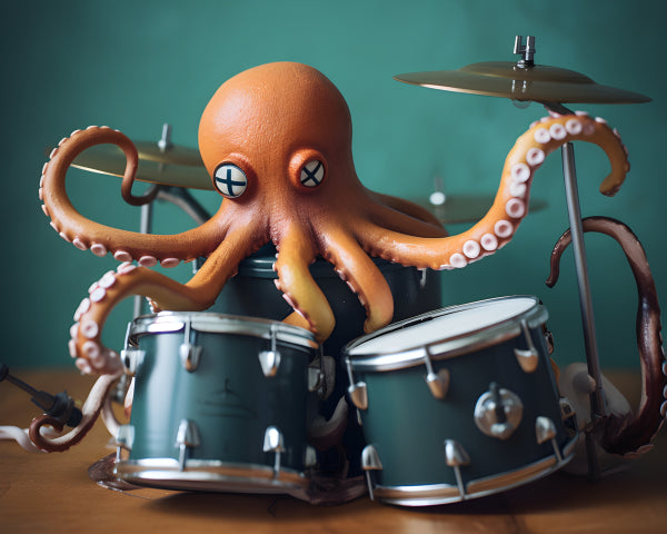 Vinyl Decal, Whimsical Octopus Drummer Wall Art Print - Funky Marine Life Music Decor Poster, 5 x 7