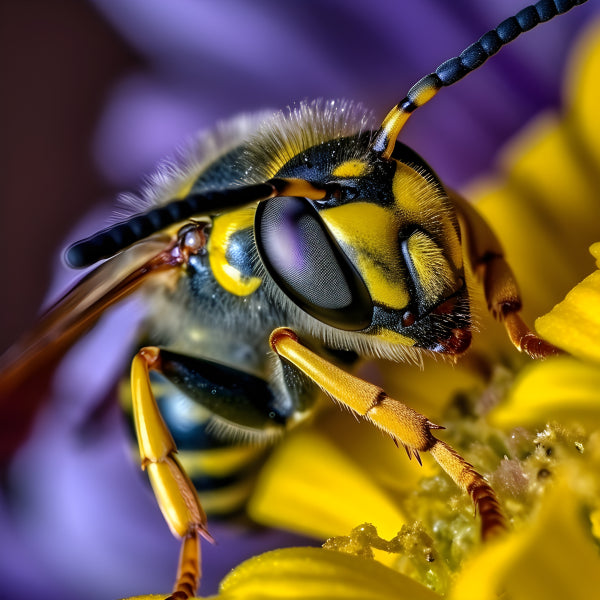 Vinyl Decal, Macro Photography Close-Up of a Yellow and Black Wasp on a Bright Yellow Flower, Detail