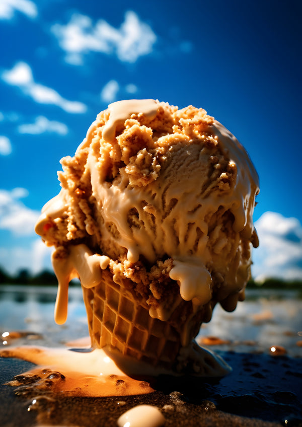 Vinyl Decal, Melting Ice Cream Cone Wall Art Print Dessert Decor Poster Bright Blue Sky Background,