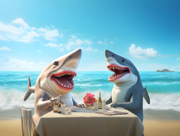 Vinyl Decal, Whimsical Shark Beach Dinner Wall Art Print Humorous Ocean Scene Poster Coastal Decor,
