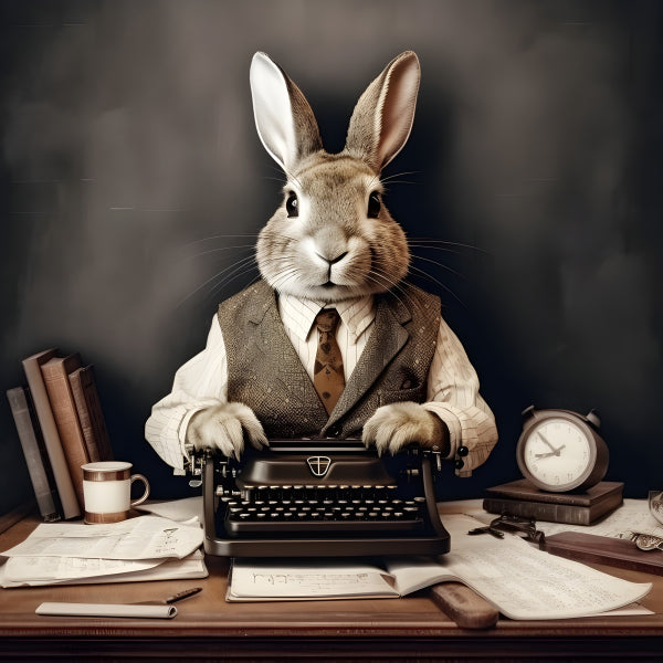 Vinyl Decal, Vintage Style Rabbit Writer Art Print, Anthropomorphic Animal Office Decor, Professiona