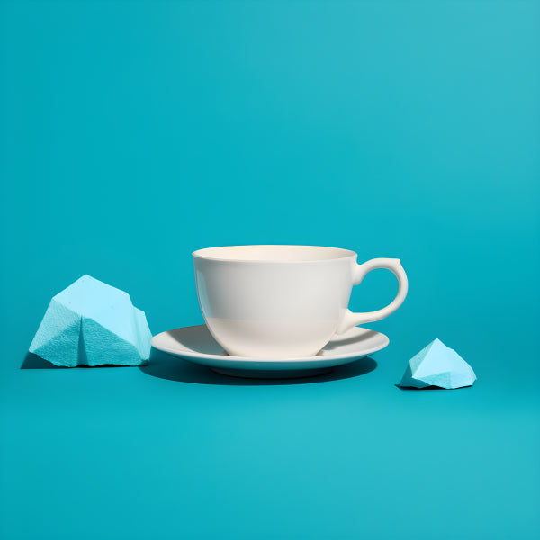 Vinyl Decal, Modern Minimalist White Teacup Saucer Blue Background Art Print Wall Art, 5 x 7 or 8 x