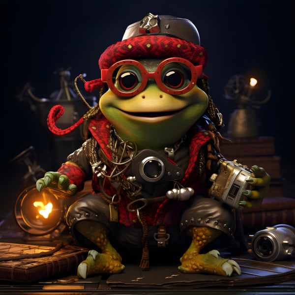 Vinyl Decal, Steampunk Adventurer Frog Figurine with Goggles and Camera, Unique Collectible Desk Dec