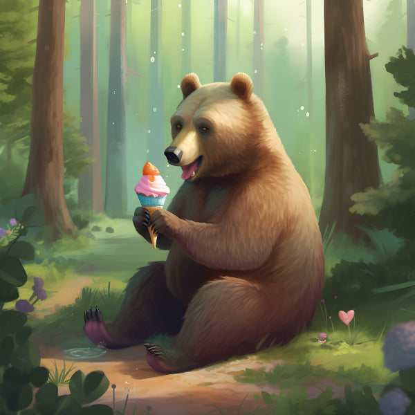 Vinyl Decal, Forest Bear Eating Ice Cream Wall Art Print Cute Animal Decor Woodland Poster