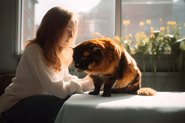 Vinyl Decal, Young Woman Gently Interacting with Fluffy Orange Calico Cat by Sunny Window, Heartwarm