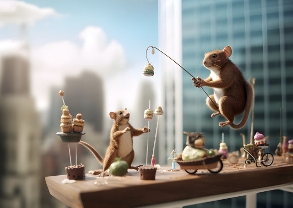 Vinyl Decal, Miniature Mouse Tea Party on Skyscraper Ledge Poster