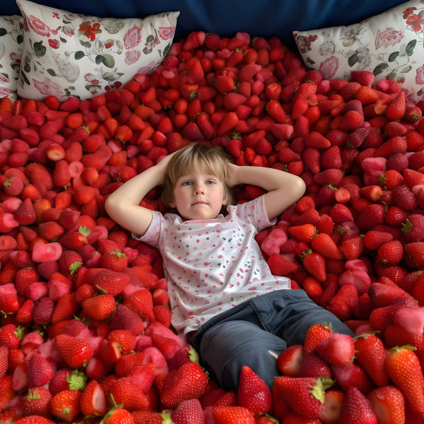 Vinyl Decal, Happy Child in a Sea of Fresh Red Strawberries Wall Art Poster Print