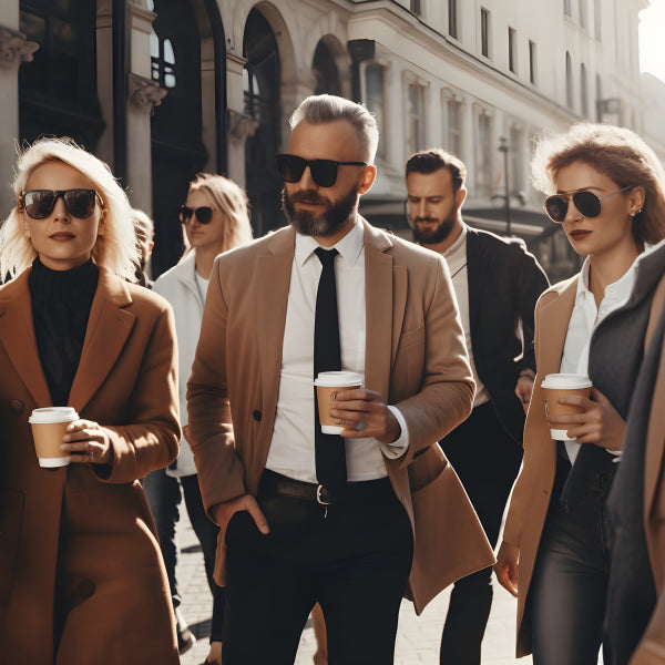 Vinyl Decal, Business Casual Group Walking with Coffee Cups Artwork