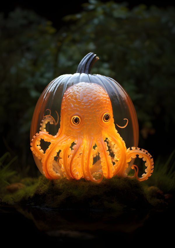 Vinyl Decal, Illuminated Octopus in Clear Pumpkin Shell Wall Art Poster Print