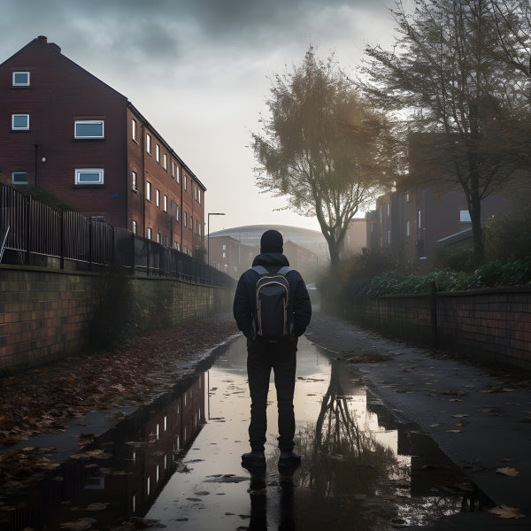 Vinyl Decal, Moody Autumn Alleyway Wall Art Print Solitary Figure Puddle Reflection Urban Street Pos