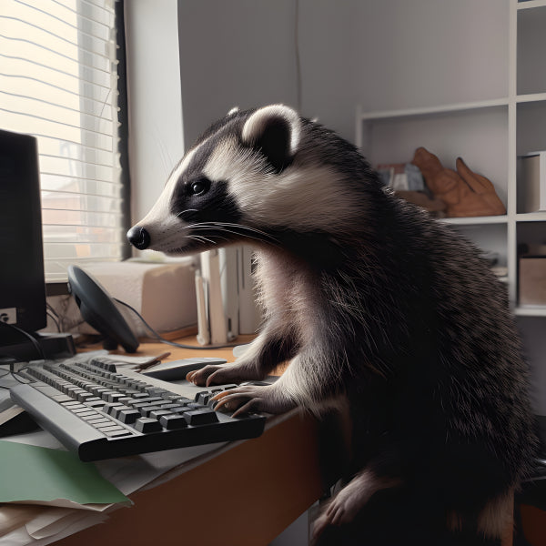 Vinyl Decal, Badger Working on Computer Keyboard at Desk (5" x 7")