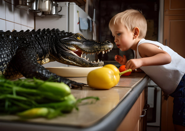 Vinyl Decal, Curious Toddler and Alligator Kitchen Encounter Wall Art Poster, 5 x 7 or 8 x 10 Inch U