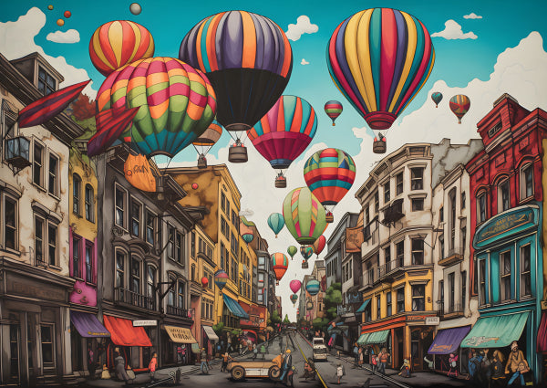 Vinyl Decal, Vibrant Hot Air Balloon Cityscape Wall Art Poster, 5 x 7 or 8 x 10 Inch Unframed Poster